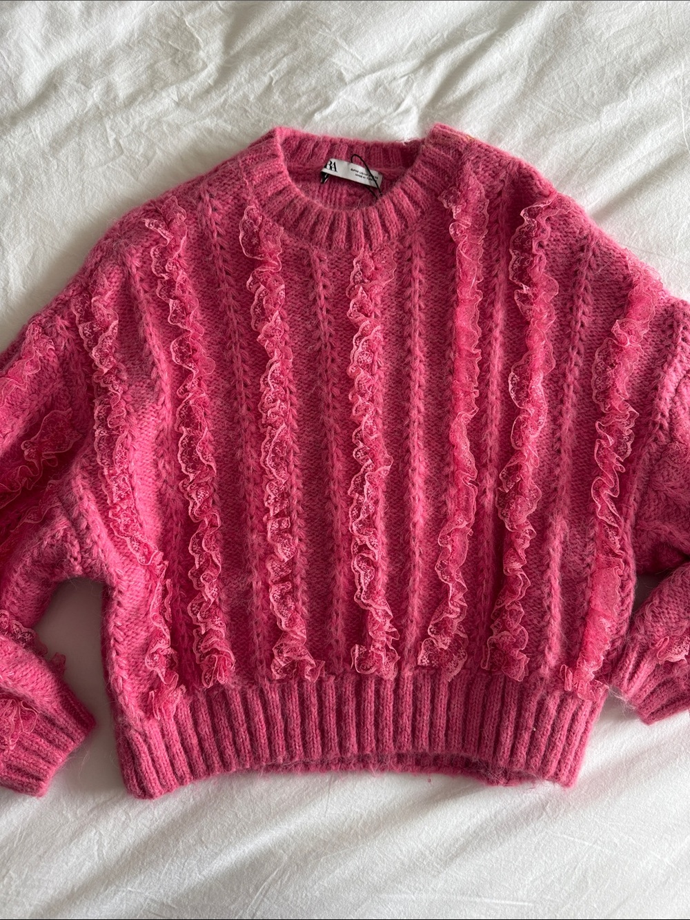Zara Bright Pink Ruffle Cable-Knit Crewneck Sweater